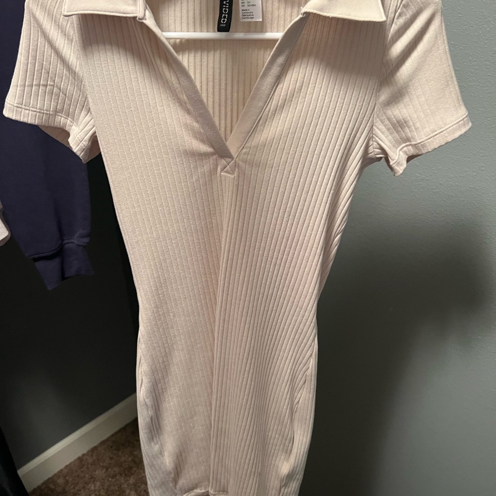 Cream Ribbed Short Sleeve Dress